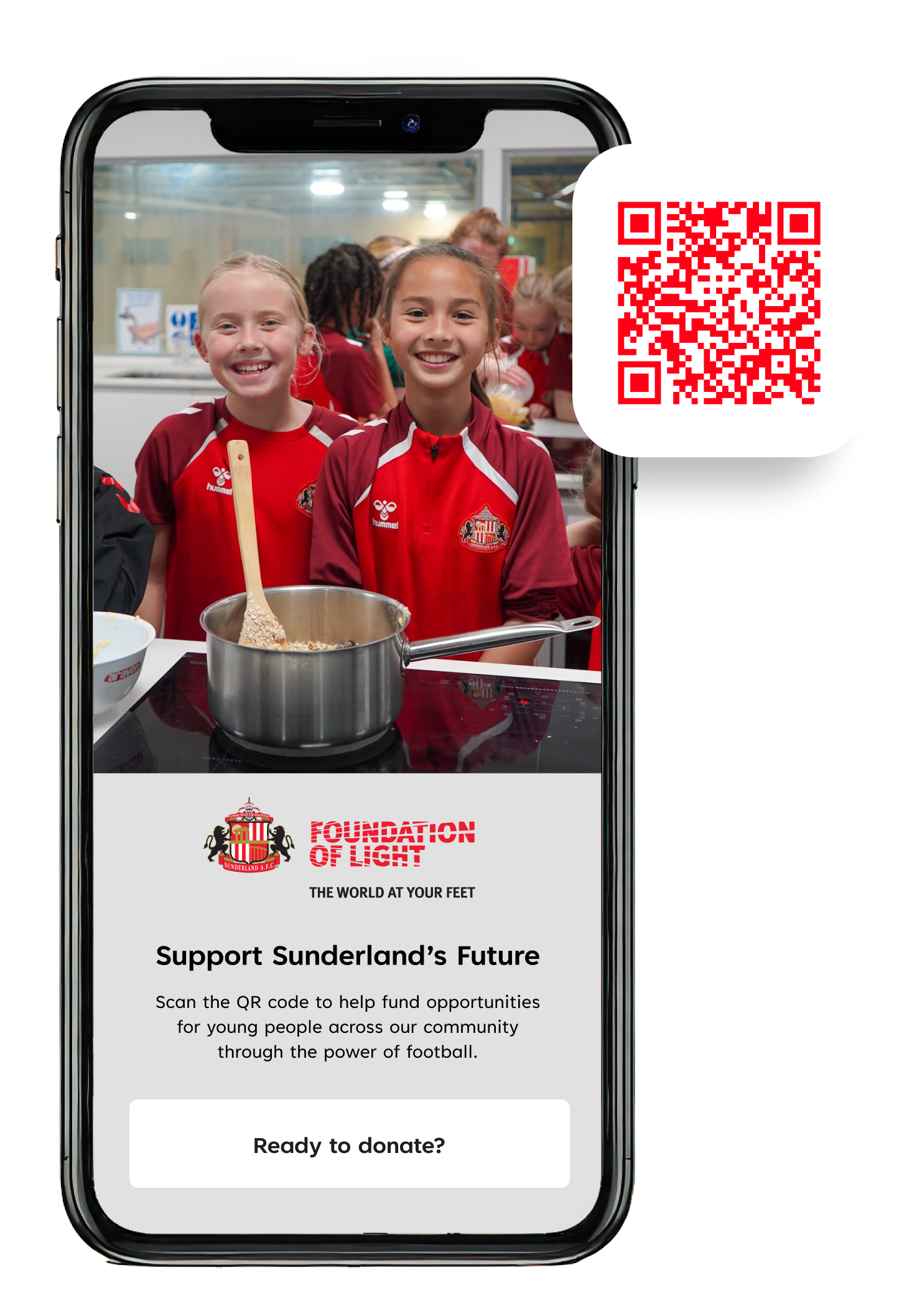 Foundation of Light fundraising campaign on a phone, with a QR code to support opportunities for young people.